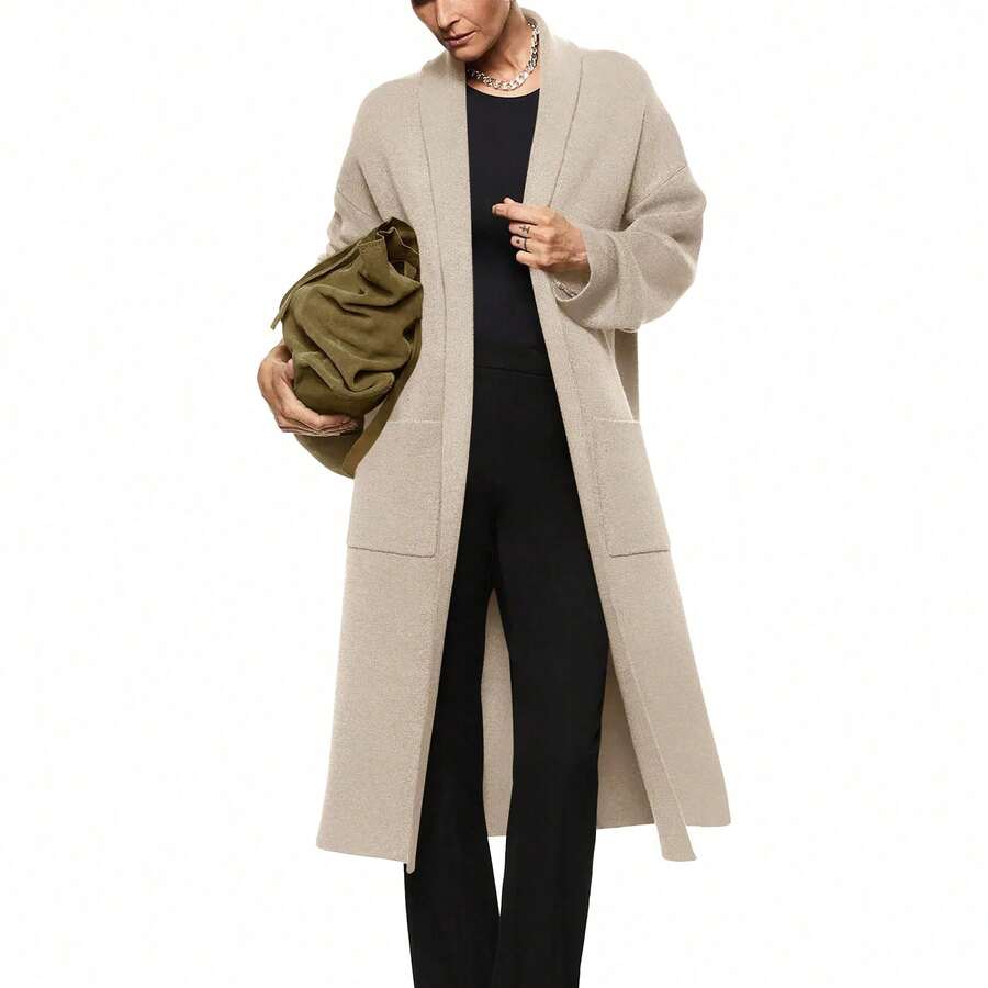 Womens Long Sleeve Maxi Cardigan Open Front Oversized Knitted Sweater Coat Casual Lapel Warm Overcoat With Pockets - Màu kaki nhạt - Xem 1