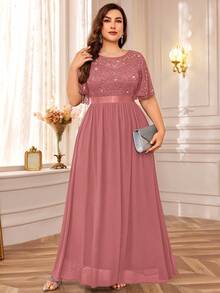 MIUSOL Plus Sequin Floral Lace Butterfly Sleeve Chiffon Pleated Hem Evening Party Long Dress - Bụi hồng - Xem 3