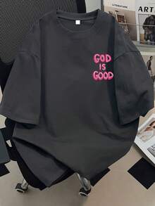 女童信仰印花短袖宽松柔软T恤，夏季休闲装，女童上衣 - 深灰色 - 查看 2