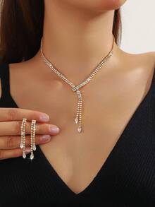 5 piezas Juego de collar, aretes, pulsera y anillo con incrustaciones de lujo de rhinestones, para uso diario, boda, fiesta y regalos festivos para mujer - Conjunto de collar exquisito - Ver 21