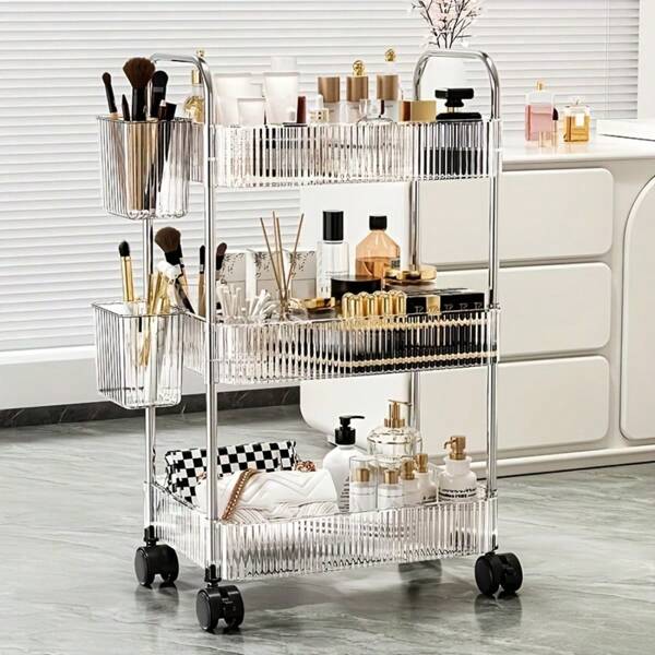 1pc Simple Movable Trolley Storage Rack, Floor-Standing Simple Bookshelf, Cosmetics And Snack Storage Rack With Wheels, Suitable For Home And Office