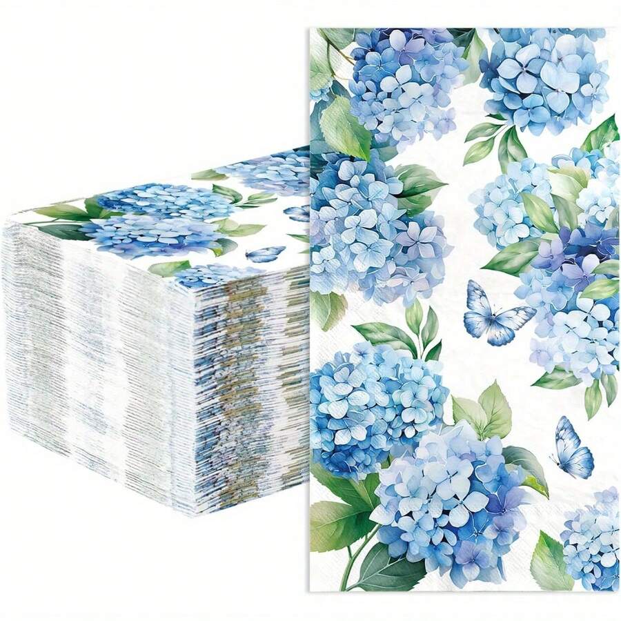 100 Pcs Hydrangea Paper Napkins 2 Ply Watercolor Blue Floral Butterfly Disposable Absorbent Hand Towels Spring Guest Napkins For Seasonal Wedding Lunch Dinner Bathroom Kitchen Supplies Decorations - 100Pcs Blue Hydrangea Paper Napkins - 查看 1