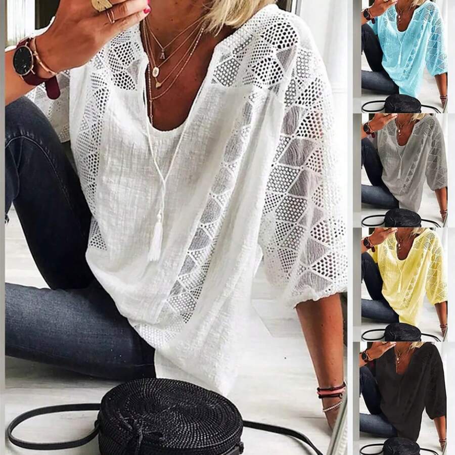 2025 Bohemian Style Women Blouses Summer Blouse Solid Color Leisure Hollow Tassels U-Neck 3/ 4 Sleeve Lace Women Shirt S-5XL