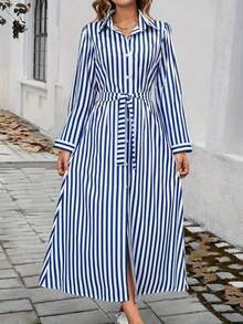 Elegant Women's Striped Tie Waist Maxi Long-Sleeve Shirt Dress With Button Design Comfortable Loose Fit For Daily Office Wear All-Season Casual Style