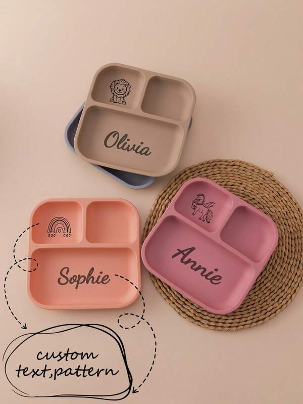 1pc Personalized Customization Name And Pattern Childern Silicone Square Plate Feeding Training Kids Tableware Suction Dishes Non-Slip Food Storage Print On Demand Three-Frame Plate For Boy Girl