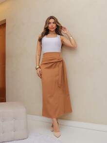 Frenchy Women's Casual Solid Color Drawstring Wrap Skirt, Spring/Summer/M5509 - Maroon - View 2