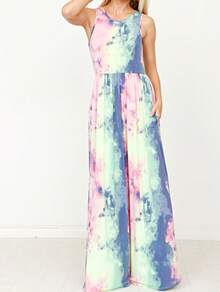 Retro Boho Woven Floral Pink Yellow Maxi Surplice Wrap Sah Dress Front Tie Flutter Sleeve - 粉紅色紮染 - 查看 4