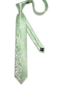 Conjunto de corbata de seda con estampado floral, incluye pinza de corbata, pañuelo y gemelos - Paisley verde salvia - Ver 7
