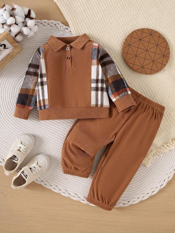 2pcs Toddler Boys' Brown Plaid Patchwork Collar Long Sleeve Top And Matching Pants Set, Fashionable And Comfortable, Suitable For Outdoor Casual Daily Wear, Autumn/Winter