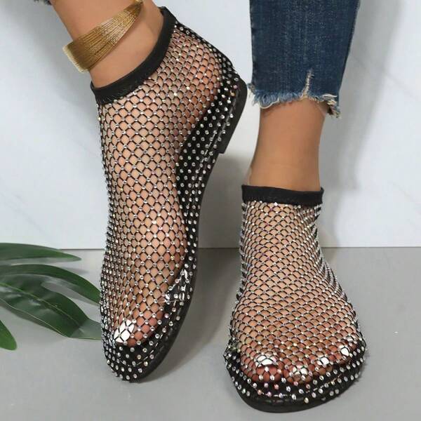 Ladies' Breathable Mesh Slip - On Flat Sandals With Elastic Bands And Shiny Decorations - Round - Toe Summer Casual Party Shoes Suitable For Outdoor Activities, Available In White And Black