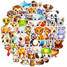 50 Huaiyuan Kawaii Big Eyed Animal Stickers - Waterproof, Reusable Decals With Whimsical Cartoon Designs For Laptops, Skateboards, Luggage, And Water Bottles - Bright Party Gifts And DIY Decorations, Fun Stickers