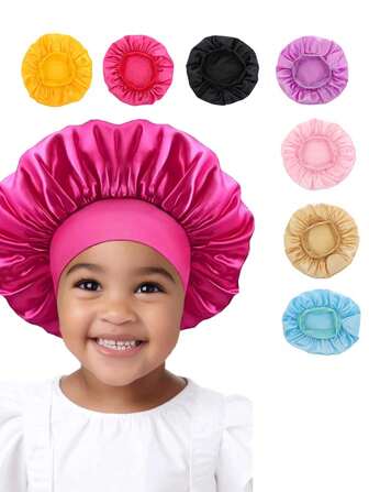 1pc Kids Bonnets, Solid Color Satin Silky Stretchy Sleep Caps, Fashionable Hair Care Hats Cheap Travel Essentials Kids Holiday Essentials Baby Bonnet Silk Satin Bonnet For Kids Sleeping Cap Curly Natural Hair Silk Bonnets