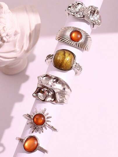 6pcs/3pcs Vintage Elegant Fashion Retro Metal Multi-Element Geometric Line Cross Sun Crinkle Texture Wide Face Inlaid Malachite Color Brown Resin Tiger Eye Stone Adjustable Ring Set, Unique Old Coin Vibe, Versatile For Women Men Couples, Suitable For Holiday Party Date Daily Wear Jewelry Accessory