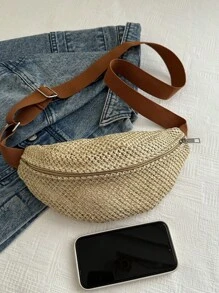 2025 Summer New Woven Chest Bag, Crossbody Bag, Fanny Pack, Travel, Versatile, Beach, Street Style Woven - Brown - View 3