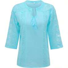 2025 Bohemian Style Women Blouses Summer Blouse Solid Color Leisure Hollow Tassels U-Neck 3/ 4 Sleeve Lace Women Shirt S-5XL