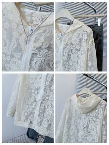 法式蕾丝拉链连帽薄款开衫，休闲轻薄长袖外套，适合春夏季 - 杏色 - 查看 11