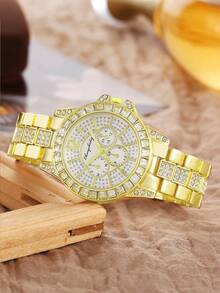 1pc Versatile Rhinestone Women's Watch, Fashionable Quartz Ladies Watch With 5pcs Simple Wheat Chain Bracelet Set - Black - View 4