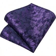 Silk Floral Necktie Set With Tie Clip, Handkerchief & Cufflinks - Purple - View 11