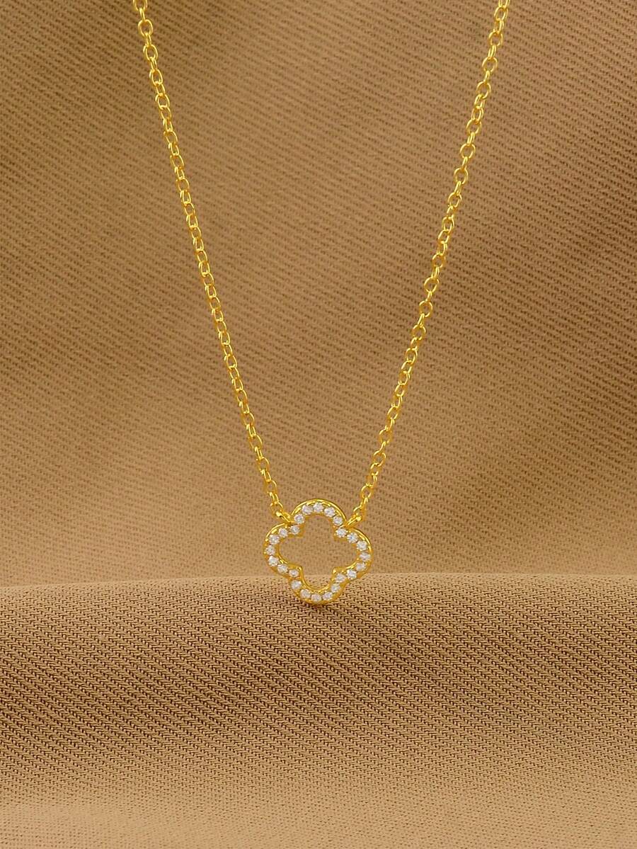 1 件 S925 纯银方晶锆石镂空三叶草/花朵项链，时尚颈链，生日、情人节、日常、派对、周年纪念珠宝礼物 - 金色 - 查看 1