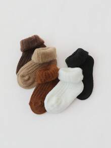 5 Pairs Baby & Kids Solid Color Thermal Lined Socks, Thick Warm Mid-Calf Socks, Multi-Color, Suitable For Autumn/Winter - Multicolor - View 3