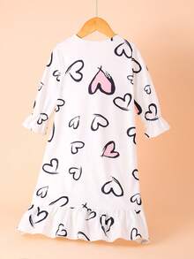 女童爱心图案睡裙，儿童休闲短袖荷叶边下摆家居服连衣裙，女童夏季睡衣，中长款，适合幼儿和小女孩 - 黑與白 - 查看 3