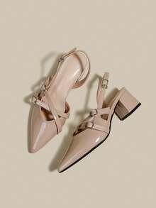 女士杏色漆皮尖头单带粗跟高跟鞋，优雅尖头正式高跟鞋，时尚露跟高跟鞋 - 杏色 - 查看 2