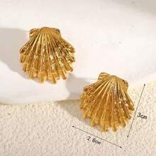 1 Pair Stainless Steel Textured Shell Large Stud Earrings, Unique 18K Gold Color Geometric Metal Waterproof Luxury Jewelry