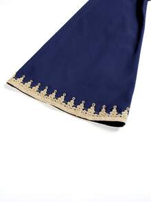 V-Neck Long Sleeve Cinched Waist Lace Patchwork Dress - Royal Blue - View 4