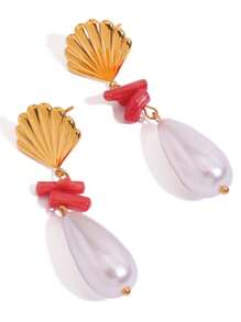 1 pieza Pendientes de acero inoxidable con diseño de concha dorada y estrella de mar para mujer, accesorio de vacaciones en la playa, accesorio femenino, adecuado para atuendos de verano que aumenten la dopamina