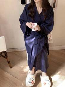 1 szt. Szlafrok nocny z teksturą waflową, swobodny, domowy, w stylu kimona, chłonny szlafrok, odpowiedni dla mężczyzn i kobiet, może służyć jako piżama, wiosna/jesień