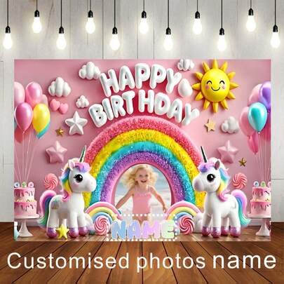 1 pieza Fondo personalizable con foto y nombre, tema de unicornio arcoíris para fiesta de cumpleaños, globo arcoíris, nube, patrón de pastel, diseño de foto de cumpleaños personalizada con tema de unicornio, decoración de fondo para fotografía, pancarta de vinilo