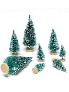 6pcs Mini Bottle Brush Christmas Trees With Wooden Base, Artificial Plastic Mini Trees For DIY Crafts, Winter Snowflake Decor, Suitable For Christmas Table Party (Blue Green), Christmas Decoration, Home Christmas Gift, Christmas Ornament - Teal - View 7