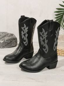 女童西部牛仔刺绣靴，圆头厚底中筒靴，秋冬款