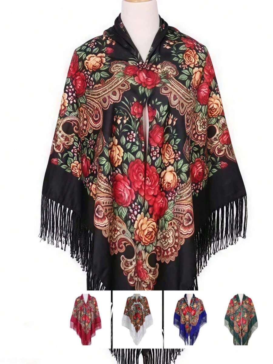 1 件女士复古红黑多色传统印花围巾、时尚披肩、温暖冬季流苏面料围巾、派对装饰奢华斗篷 - 彩色 - 查看 1
