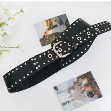 1pc Punk Style Rivet Waist Belt With Curved Buckle, Brown Color, Recommended To Pair With Dresses - A - View 12
