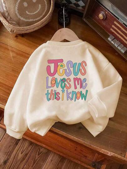 1 Girl's Long-Sleeved Crew Neck Pullover With"Jesus Loves Me This I Know" Print, Comfortable And Stylish, Casual And Versatile, A New Top For Young Girls/Tween Girls/Teen Girls In The Autumn And Winter Series.