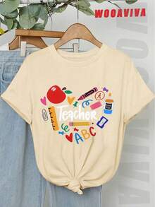 WOOAVIVA Plus Size Soft 100% Cotton Women T-Shirt Fashionable Summer Y2K Cleanfit Casual Fitted Colorful Maestro ABC Design, Perfect Gift For Maestro Educators, School Teachers, Back To School, Teacher Appreciation Casual Perfect For All Seasons, Women Tops - 杏色 - 查看 2