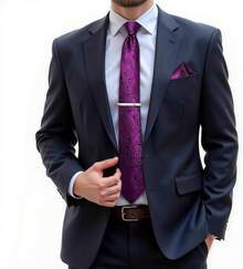 Silk Floral Necktie Set With Tie Clip, Handkerchief & Cufflinks - Magenta - View 7