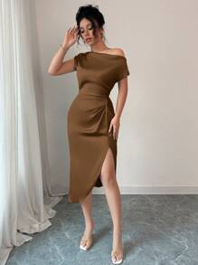 abyoxi Brown Elegant Asymmetric Neckline Waist Handmade Ruched Satin Dress, Suitable For Dates, Birthday Parties, Weddings, Homecoming, New Women's Fashion