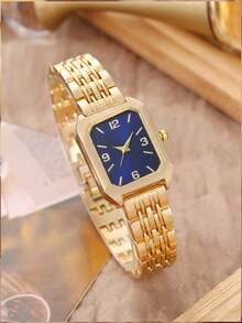 2pcs/Set Elegant Fashion Women's Square Steel Band Quartz Watch With Rhinestones, Petite Square Quartz Ladies Watch - Gold - View 5