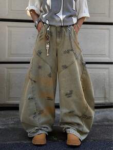 1pc Vintage American Design Mud Dye Wash Patchwork Handpainted Barrel Leg Jeans (Product Does Not Include Belt And Accessories) - Yellow - View 8