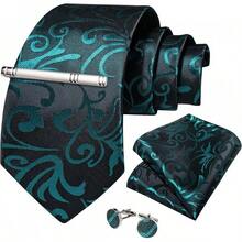 Silk Floral Necktie Set With Tie Clip, Handkerchief & Cufflinks - Black and Teal - View 8