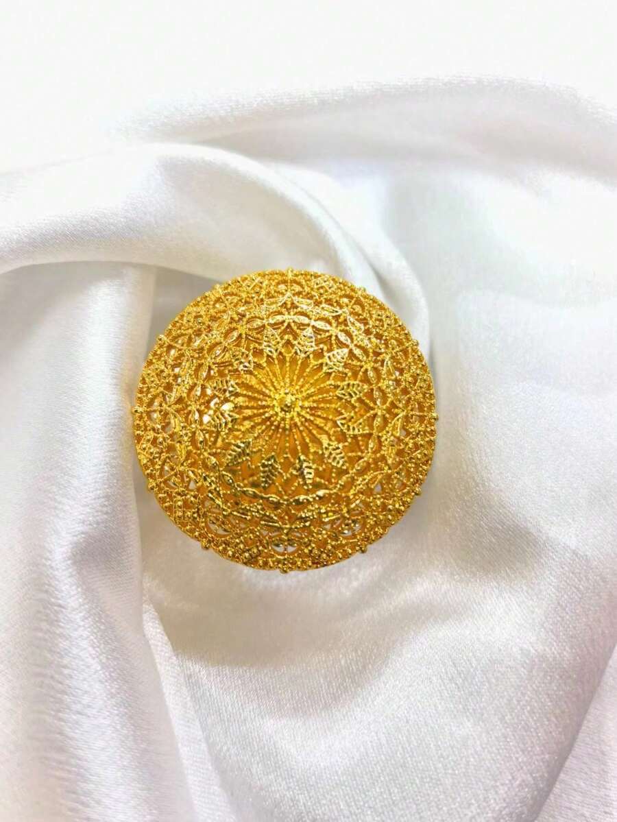 1pc Fashion Elegant Popular Cross-Border Exquisite 3D Carved Plated Gold Ring, Middle East Dubai Europe & Africa Bridal Wedding Party Dress Accessory Holiday Gift Everyday Jewelry, Adjustable Size