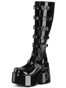 Y2k Style Women's Knee High Boot Solid Color  Buckle Round Toe Punk Motorcycle Nightclub Cosplay Shoes - Black - View 1