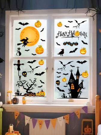 4pcs Halloween Window Sticker Set, Pumpkin Spider Bat Halloween Window Adhesive Film, Double-Sided Halloween Window Sticker Decoration Removable, For Shop Home Decoration, Indoor Party Decoration