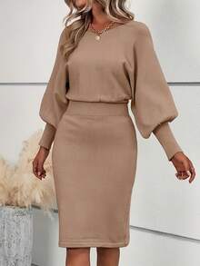 Women's Solid Color Round Neck Gigot Sleeve Fitted Elegant Knitted Dress, Autumn/Winter