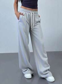 1 pieza Pantalones de mujer de unicolor con cordón, casuales, aptos para primavera/otoño, todas las estaciones, con bolsillos, pantalones deportivos de primavera