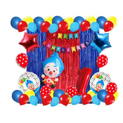 Kit globos Payaso Plim Plim fiesta cumpleaños incluye cortinas metálicas globos número decoración temática infantil centro mesa ambientación divertida fotos navidad navideño Christmas kit globos decoración mesa fiesta navideña temática infantil