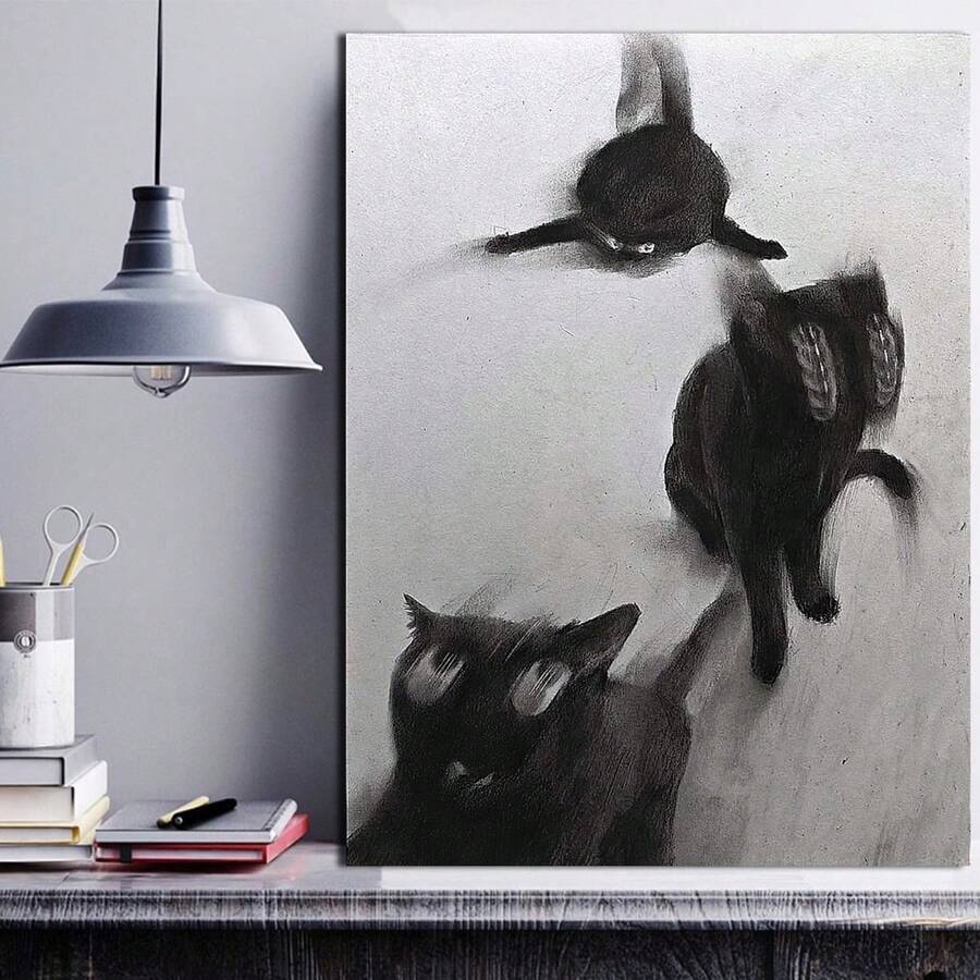 Tranh canvas hình mèo đen không khung (1 bức) - Tranh sơn dầu trừu tượng, tranh trang trí dọc theo phong cách tối giản hiện đại, tranh in trên vải canvas chất lượng cao, thích hợp cho phòng khách, phòng ngủ, văn phòng tại nhà. - Nhiều màu - Xem 1
