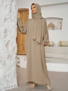 1 件时尚休闲带袖头巾，穆斯林长袍吉尔巴布连衣裙，伊斯兰服装适合女性日常穿着 - 彩色 - 查看 19